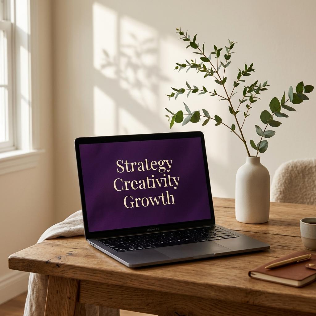 Laptop screen showing brand strategy on wooden desk next to vase